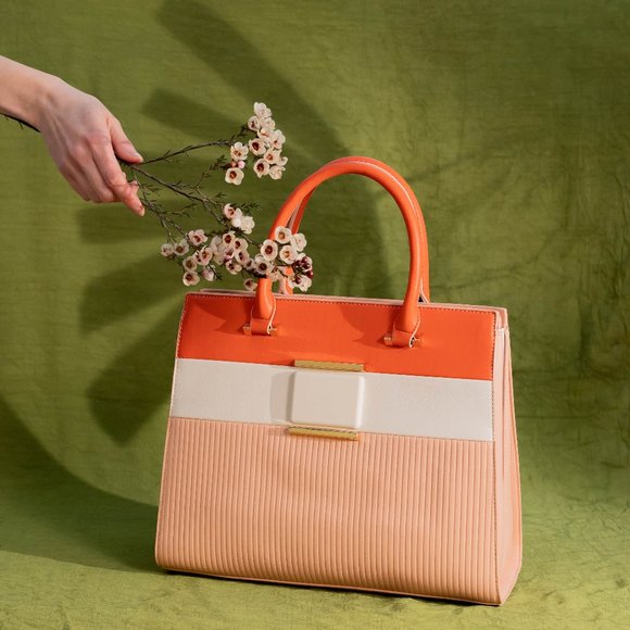 🆕Alessia Massimo Colorblock Top Handle Bag - Coral / White / Peach NWT's - Picture 5 of 14